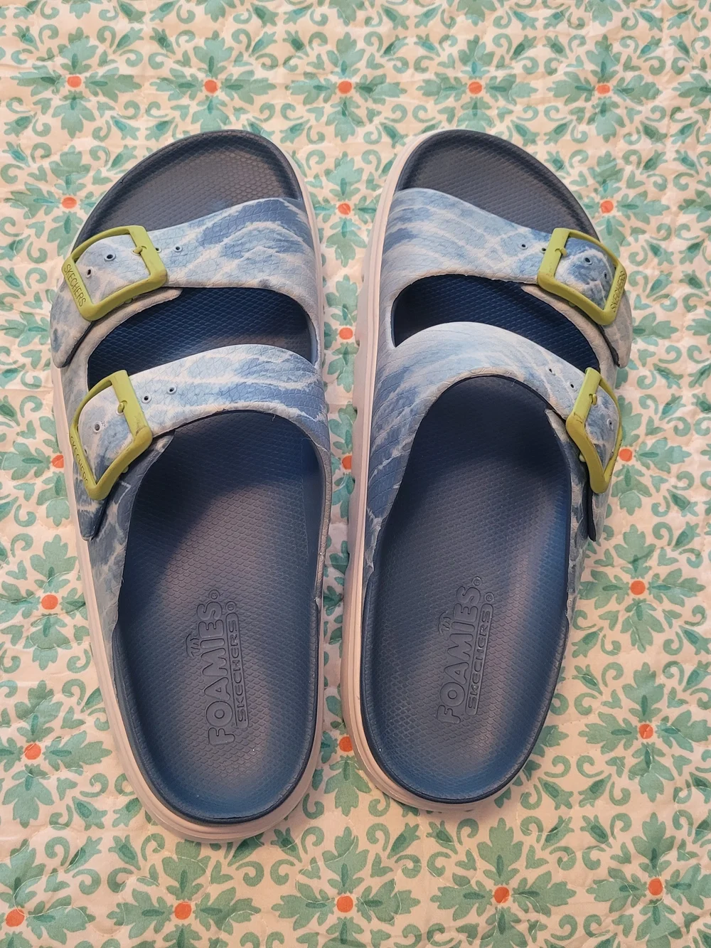 Skechers Blue and White Slide Sandals with Lime Buckles. Womens Size 10